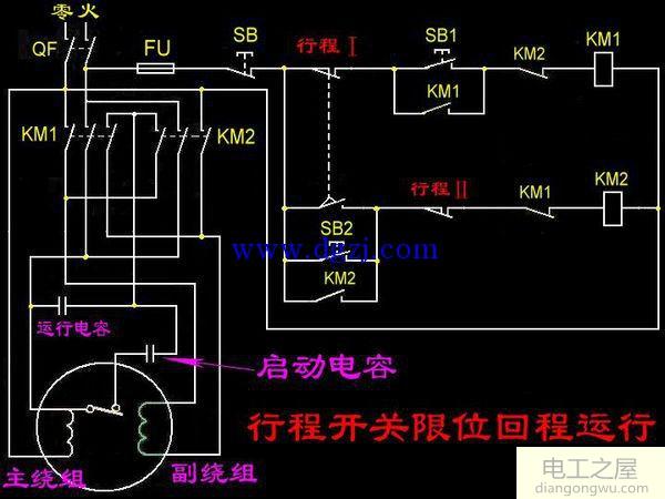 220v电动机正反转加行程开关接线原理图